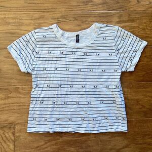 Electric Pink Cropped Tee T-Shirt Size M French Bulldog Stripe White Black